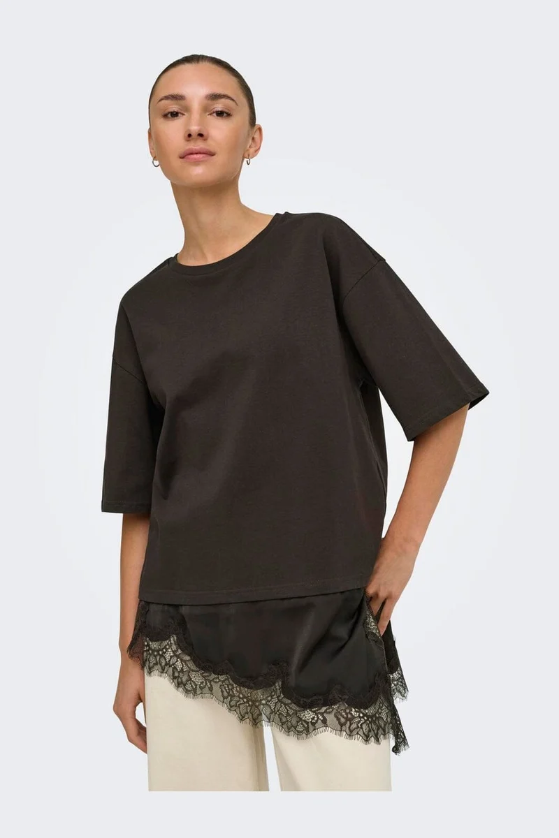 Jdy - Jdyalma 2/4 Lace Detail T-Shirt - 5157233 Chocolate Torte