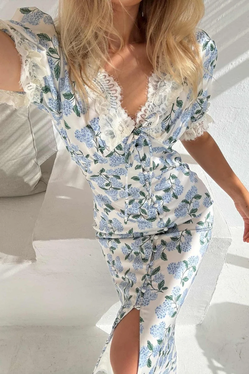 BYIC - Agneteic Long Dress A23810 - Blue Hydrangea Print