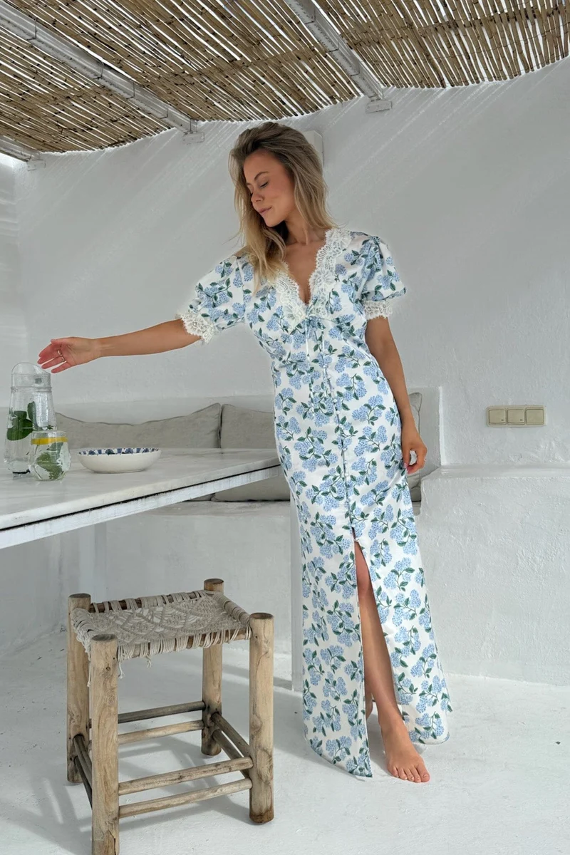 BYIC - Agneteic Long Dress A23810 - Blue Hydrangea Print