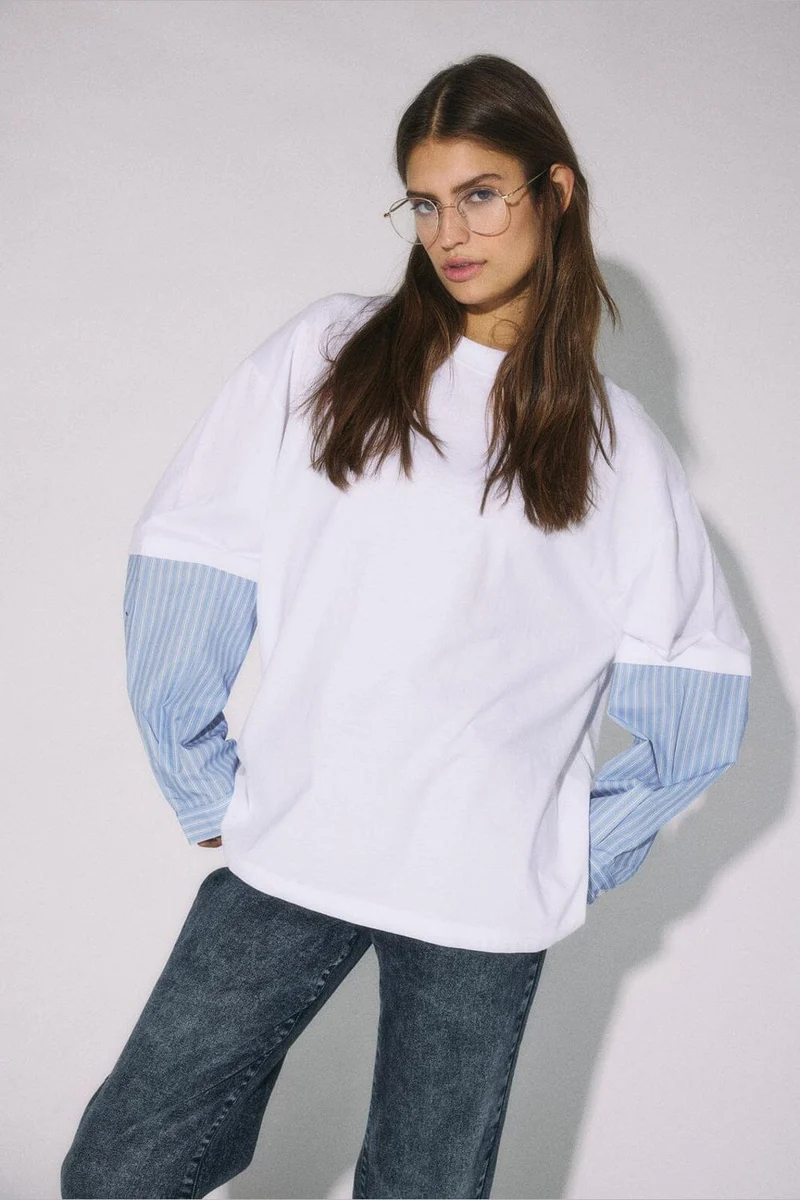 Noisy May - Nmfreja Belle L/S Mix Shirt - 5077861 Bright White Hydrangea Stripe Sleeves