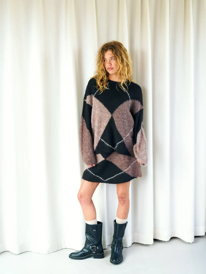 Neo Noir - Gisa Check Fluff Knit Skirt 168283 - 676 - Dark Brown