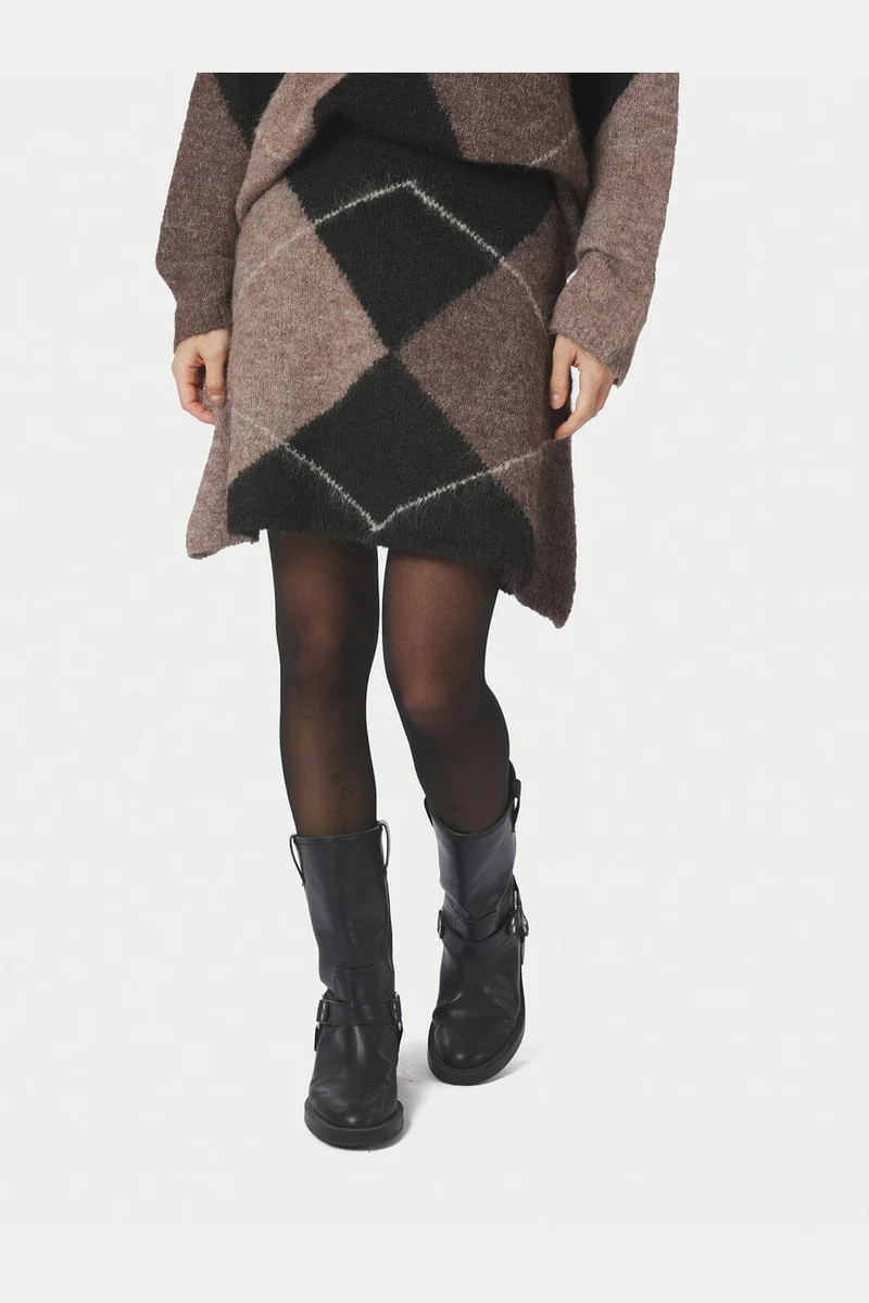 Neo Noir - Gisa Check Fluff Knit Skirt 168283 - 676 - Dark Brown