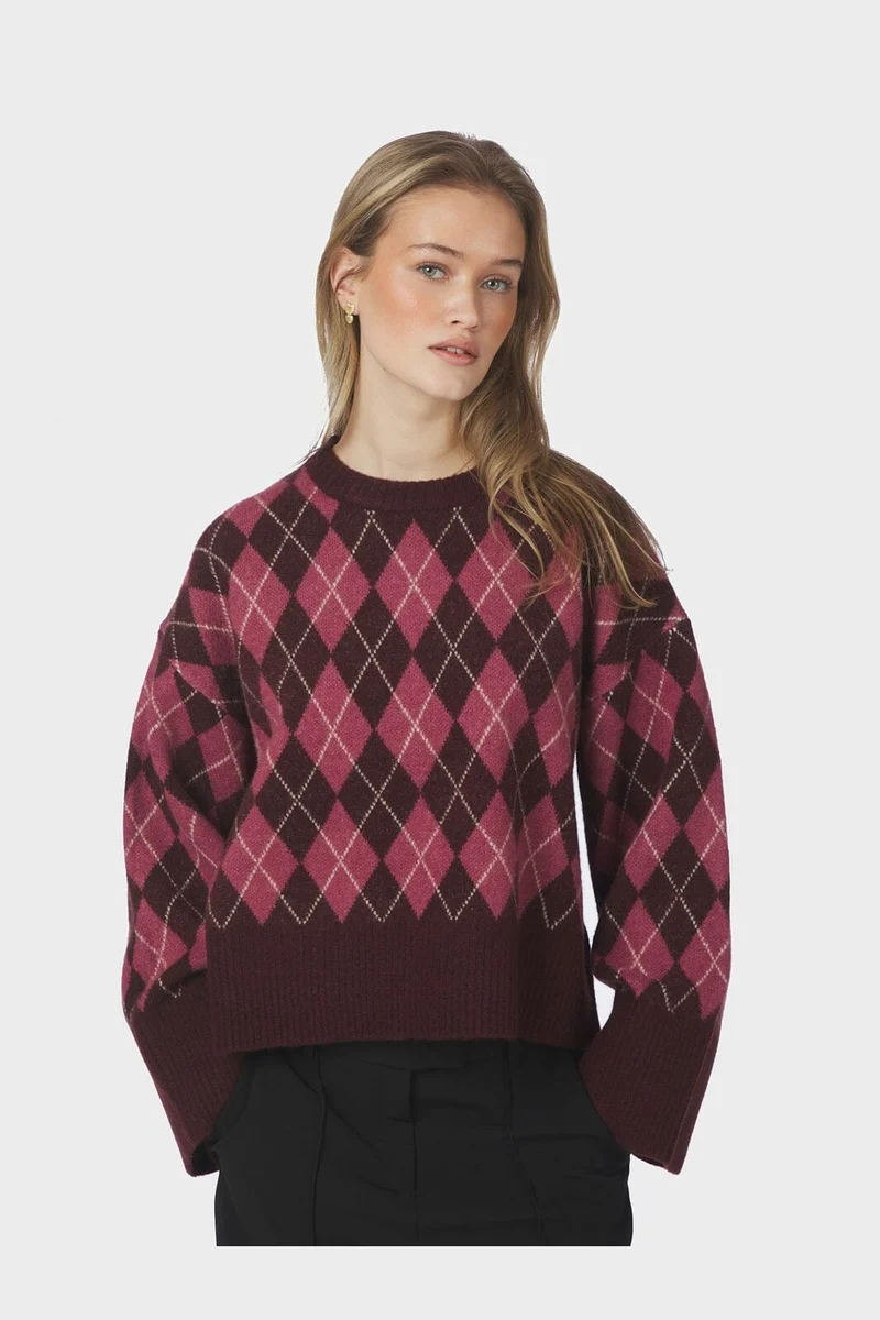 Neo Noir - Kick Check Knit Blouse 165204 - 682 - Wine