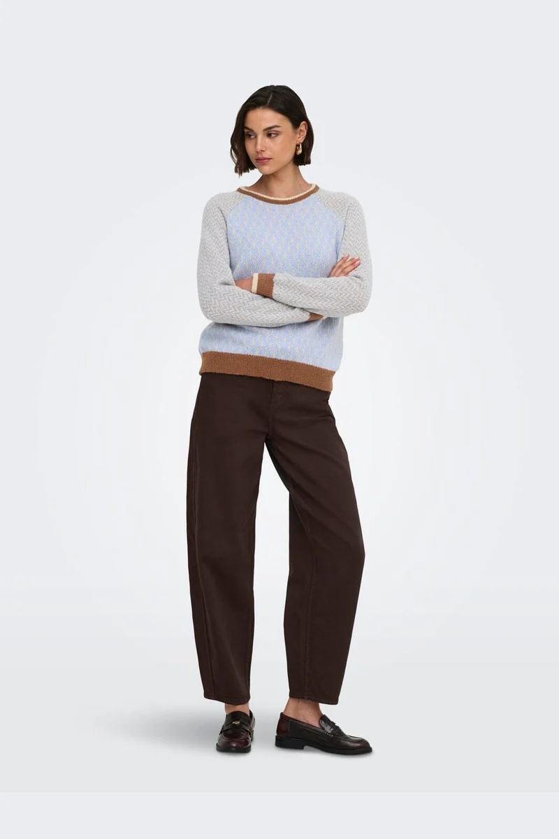 JDY - Jdybryn Life L/S Oneck Jacq Pullover Knt - 5054652 Crème Brûlée W. Toffee/Open Air Jacq.