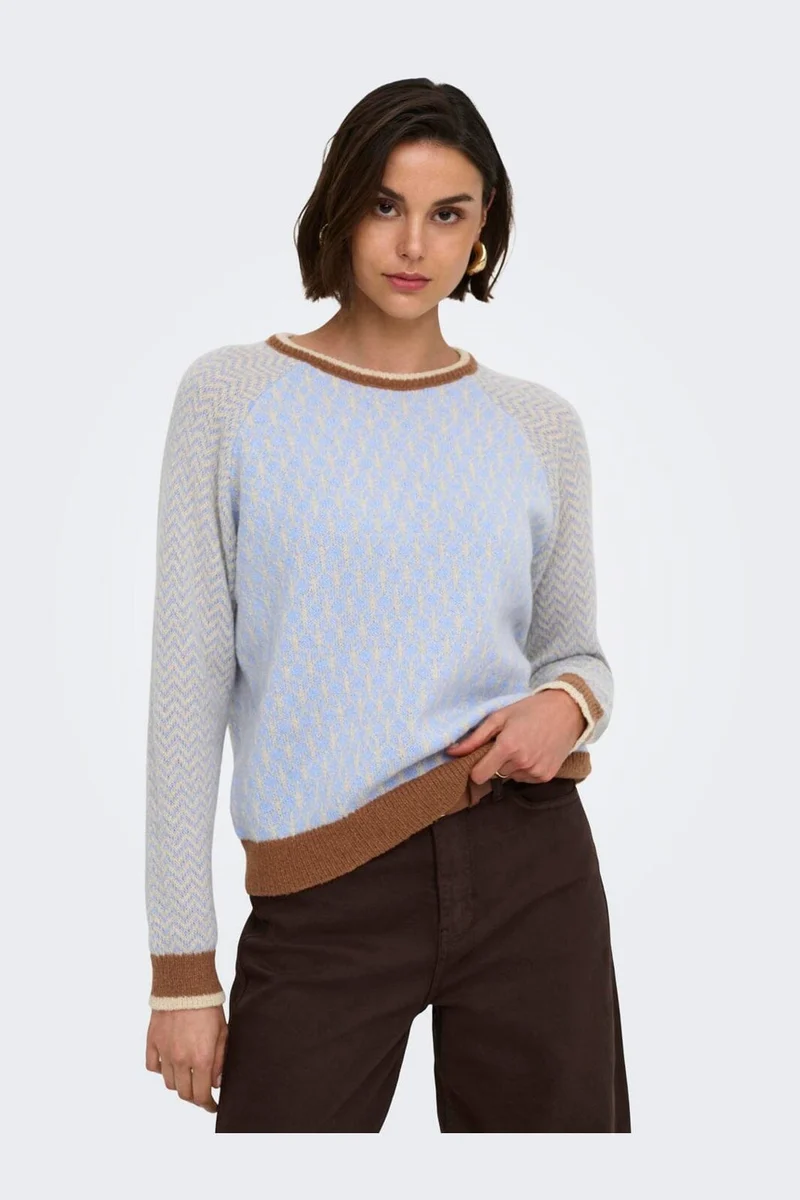 JDY - Jdybryn Life L/S Oneck Jacq Pullover Knt - 5054652 Crème Brûlée W. Toffee/Open Air Jacq.