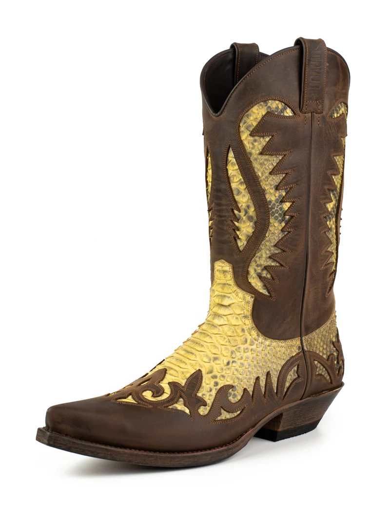 Herren Country Western Cowboystiefel 2567 Exotisches braunes und gelbes Leder