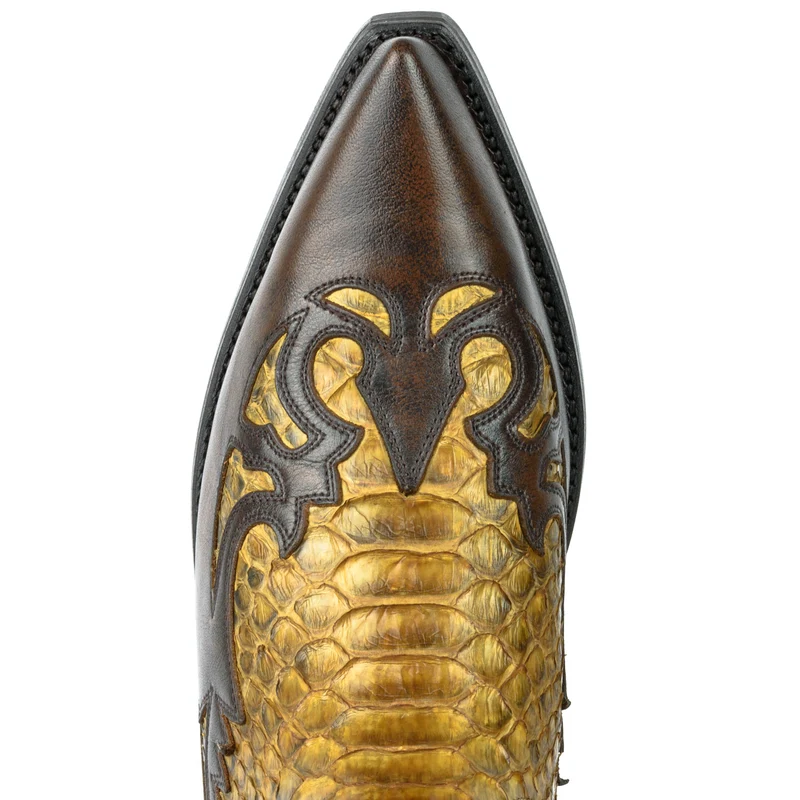 Country- und Western-Cowboystiefel für Herren und Damen von 1935 aus exotischem braunem und gelbem Leder