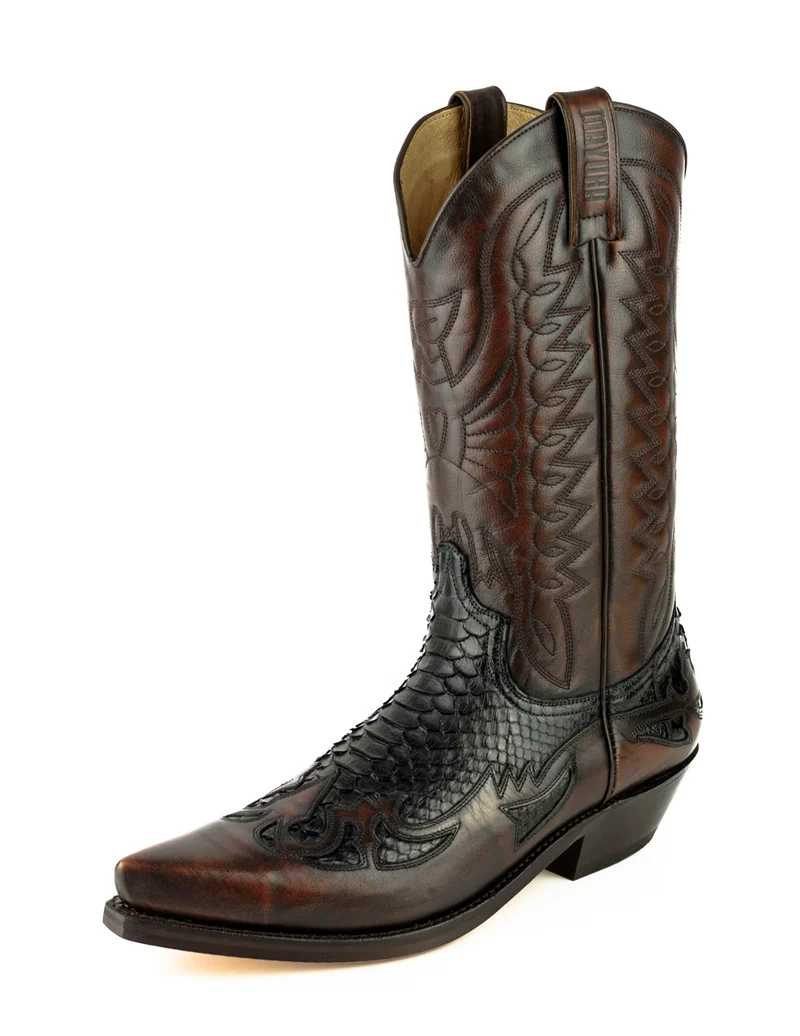 Country- und Western-Cowboystiefel für Herren und Damen von 1935 aus exotischem braunem und schwarzem Leder