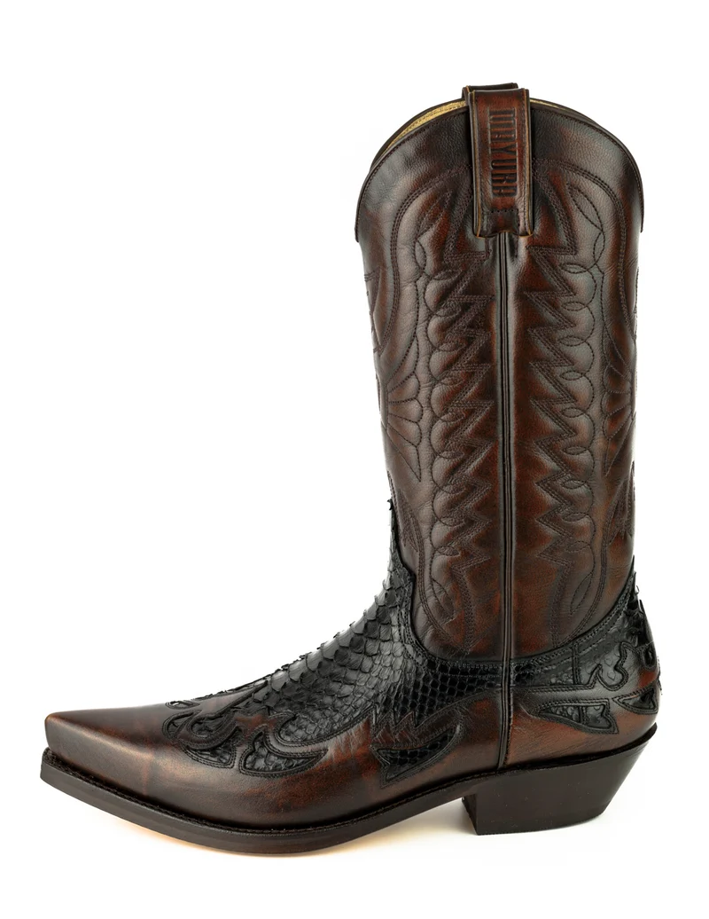 Country- und Western-Cowboystiefel für Herren und Damen von 1935 aus exotischem braunem und schwarzem Leder