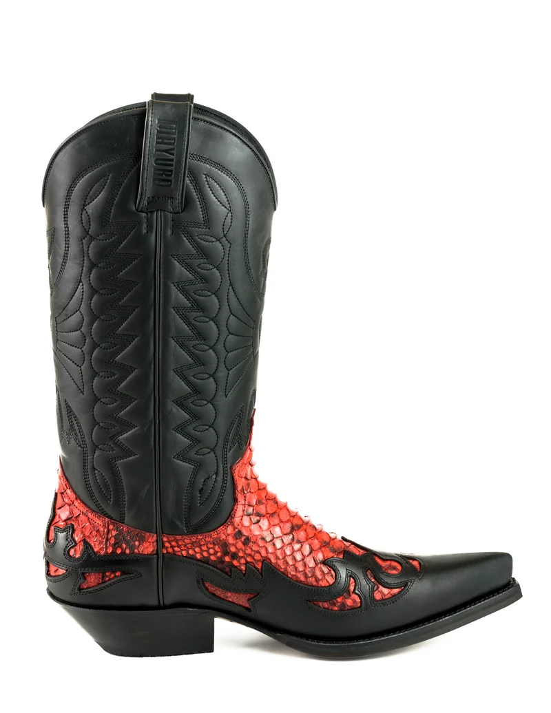 Country- und Western-Cowboystiefel 1935 C für Herren und Damen aus schwarzem und exotischem rotem Leder