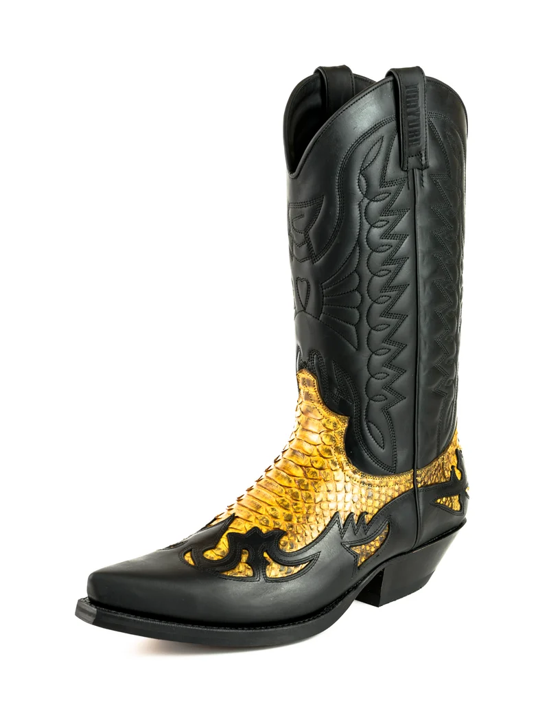 Country- und Western-Cowboystiefel 1935 C für Herren und Damen aus exotischem schwarzem und gelbem Leder