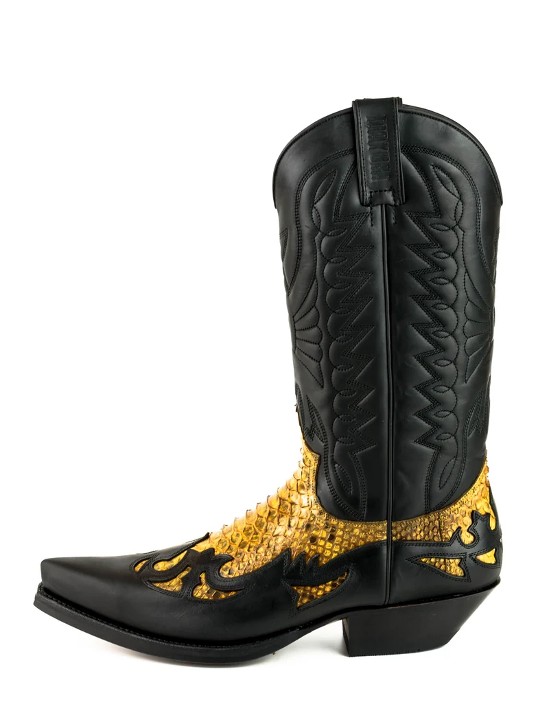 Country- und Western-Cowboystiefel 1935 C für Herren und Damen aus exotischem schwarzem und gelbem Leder