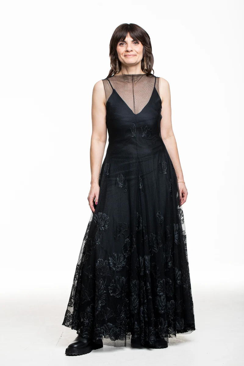 Marc Le Bihan Damen Seiden-Kleid mit Tüll und Spitze schwarz