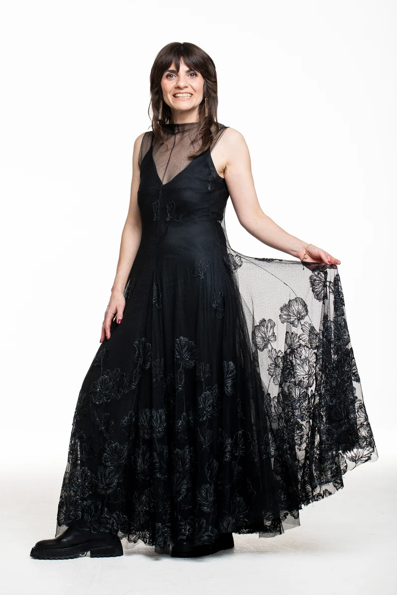 Marc Le Bihan Damen Seiden-Kleid mit Tüll und Spitze schwarz