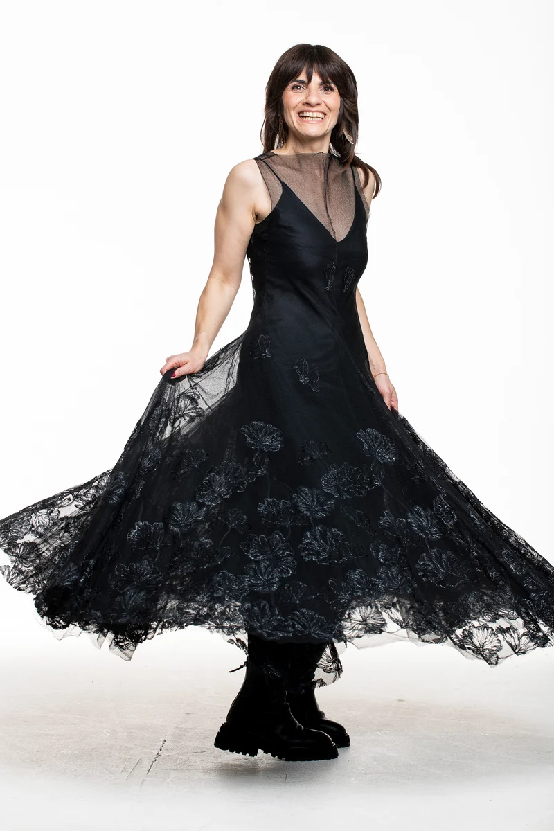 Marc Le Bihan Damen Seiden-Kleid mit Tüll und Spitze schwarz