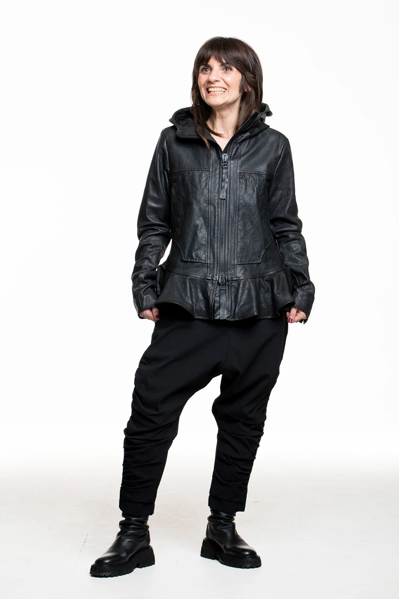 Rundholz Damen Lederjacke mit Kapuze schwarz