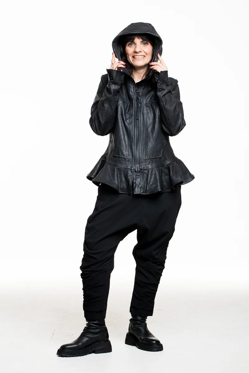 Rundholz Damen Lederjacke mit Kapuze schwarz