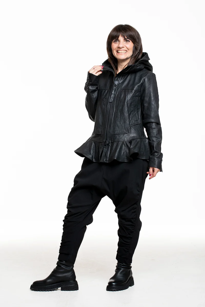 Rundholz Damen Lederjacke mit Kapuze schwarz