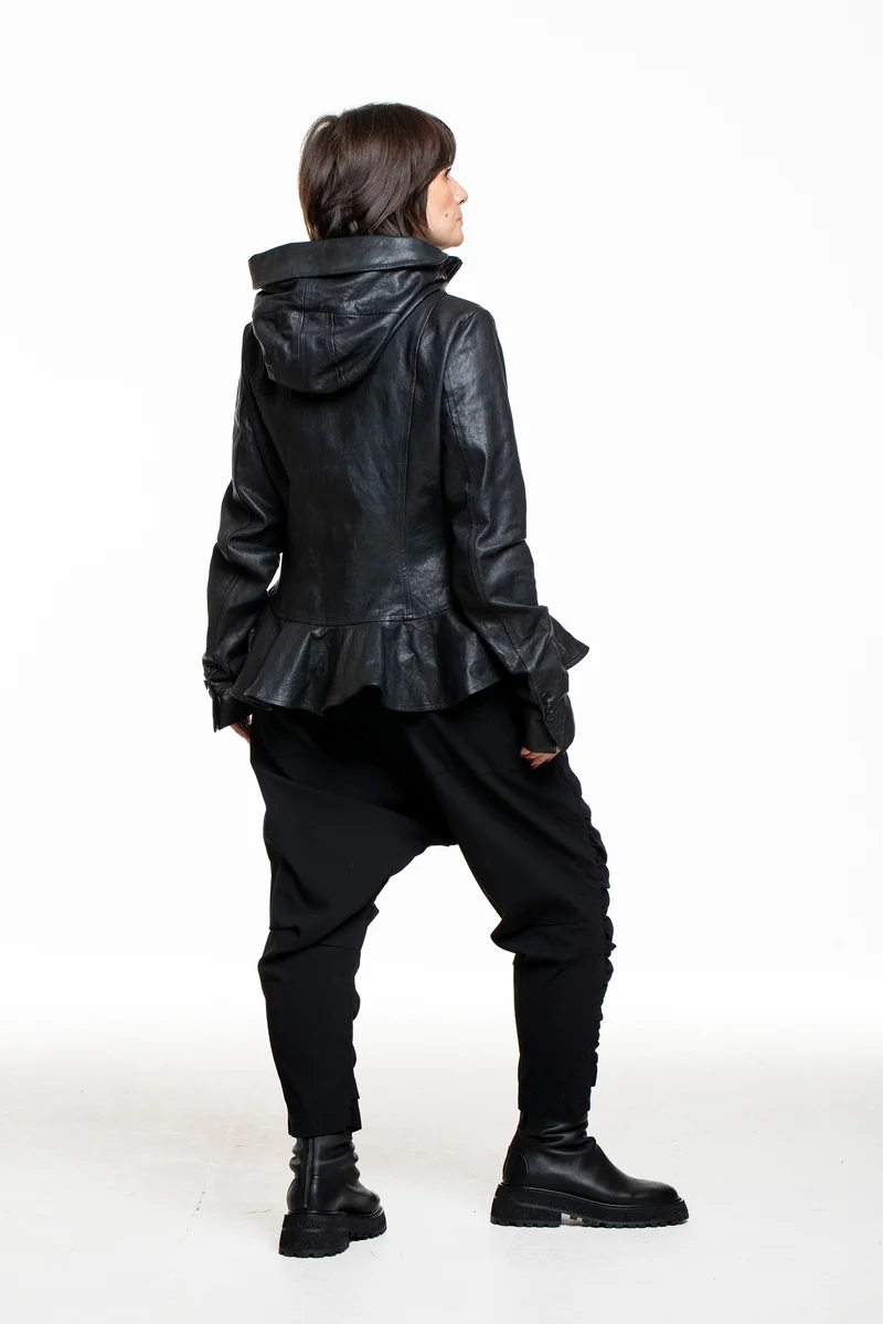 Rundholz Damen Lederjacke mit Kapuze schwarz
