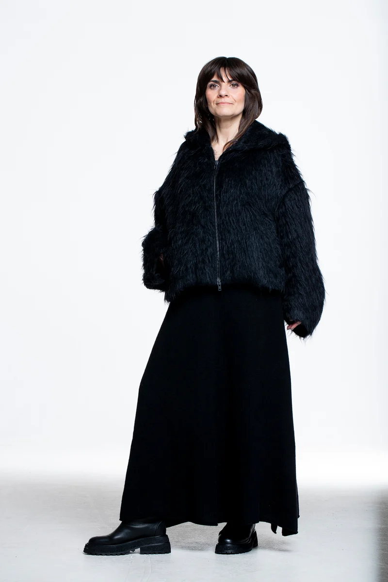 Isabel Benenato Damen Mohair-Alpaka Jacke mit Kapuze schwarz