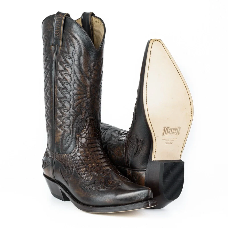 Country- und Western-Cowboystiefel für Herren und Damen von 1935 aus braunem und exotischem braunem Leder