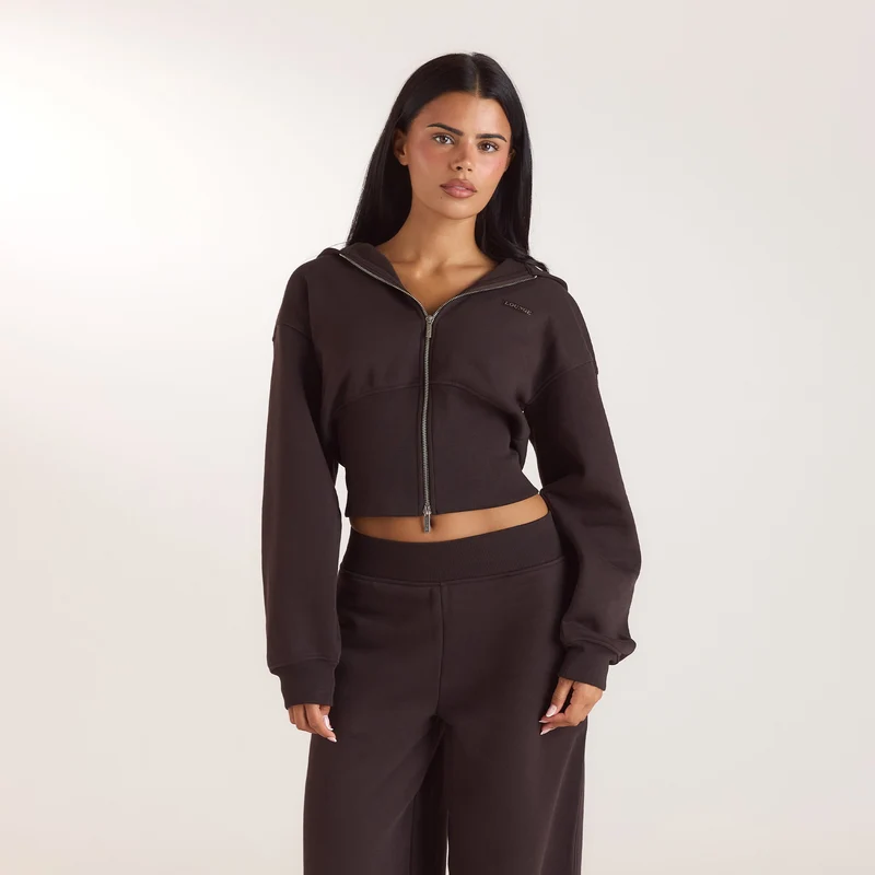 Taillierter Zip-Hoodie - Dunkle Schokolade