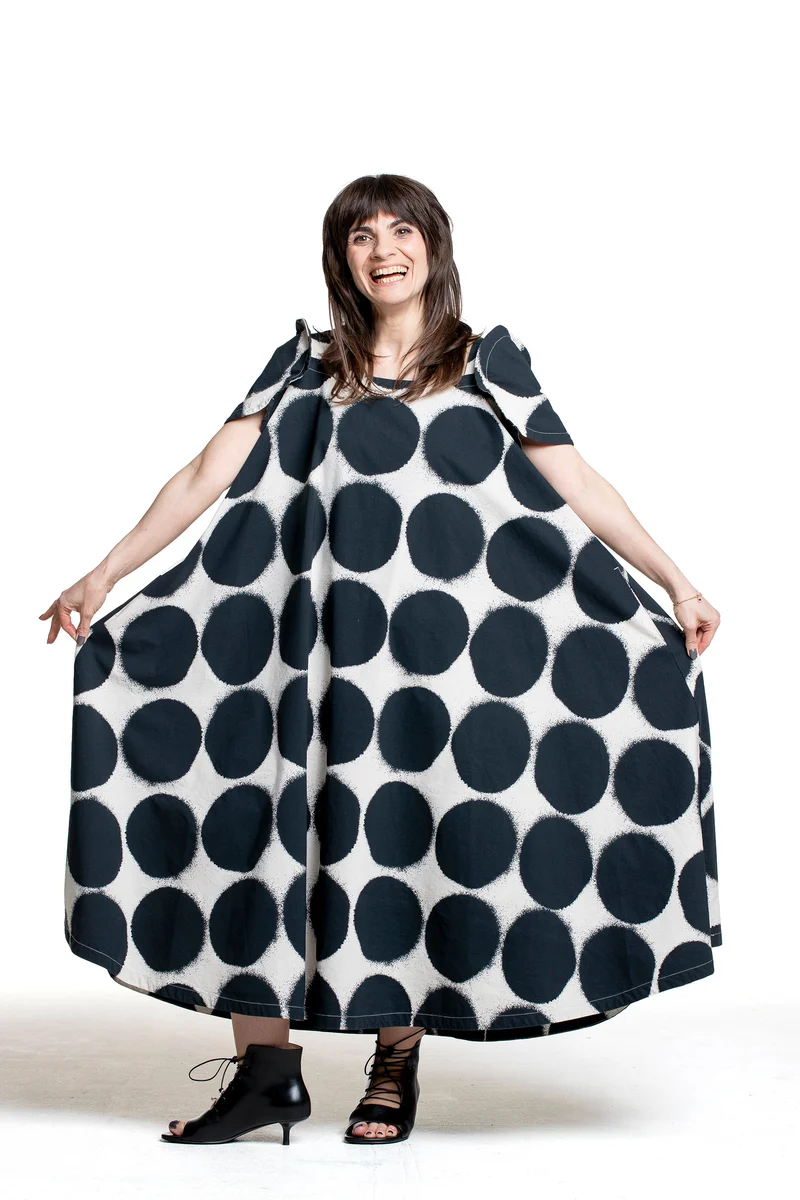 Rundholz Damen Midikleid Punkte Print schwarz-weiß