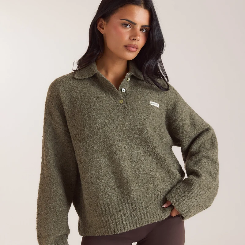 Bouclé-Strickpullover mit Polokragen - Khaki