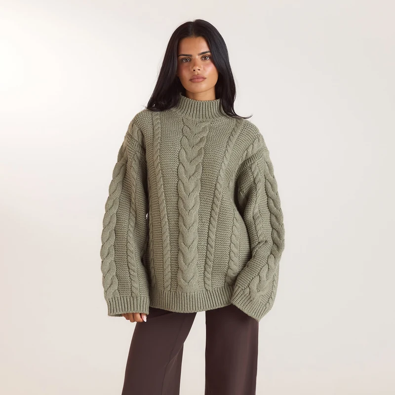 Oversized-Strickpullover mit Zopfmuster - Olivgrün