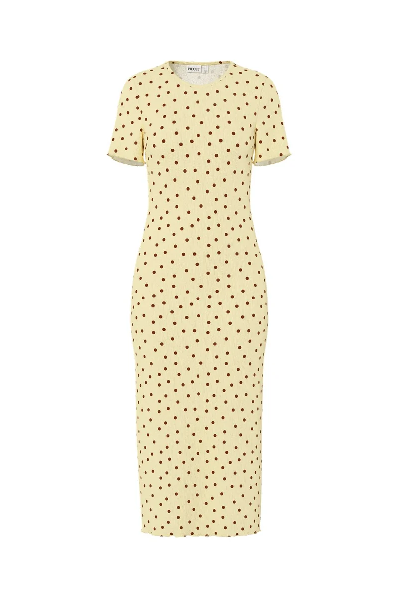 Pieces - Pcflora Ss Midi Dress Cp - 5017914 French Vanilla Brown Polka Dots
