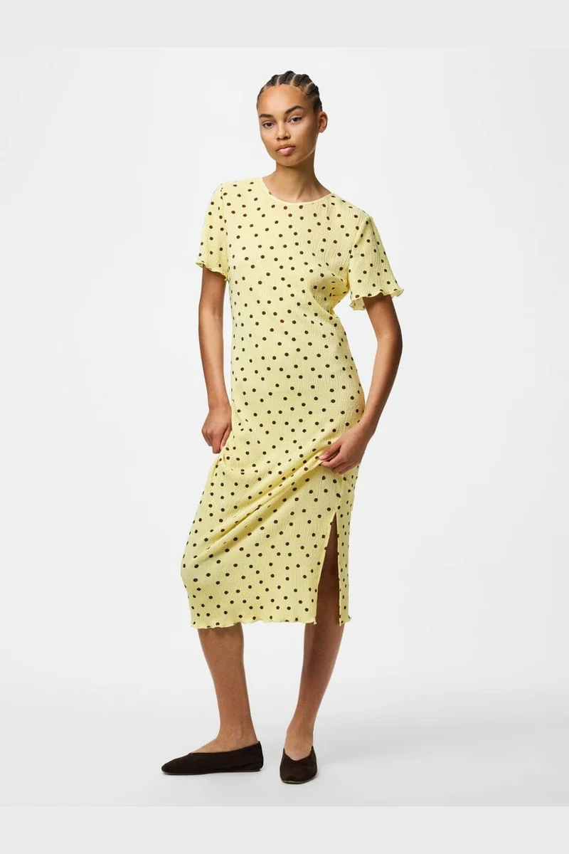 Pieces - Pcflora Ss Midi Dress Cp - 5017914 French Vanilla Brown Polka Dots
