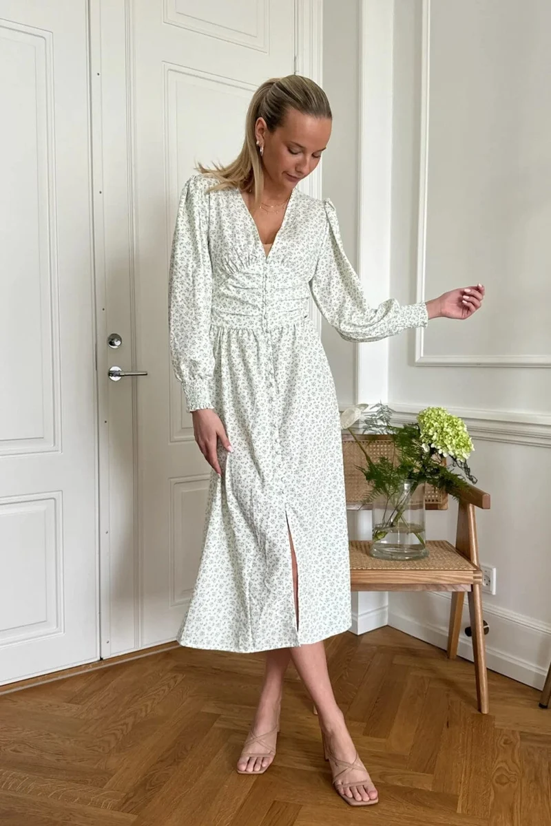 BYIC - Adelic Long Dress - gfsp Green Flower Stem Print