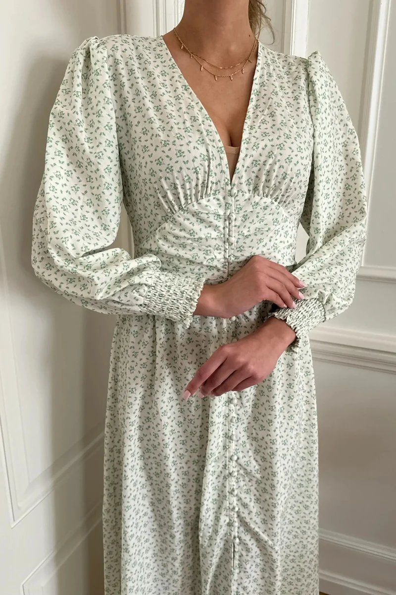 BYIC - Adelic Long Dress - gfsp Green Flower Stem Print