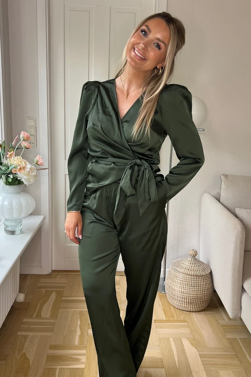 Valentin Studio - Comfy Solid Satin Pants 168094 - 437 - Dark Army