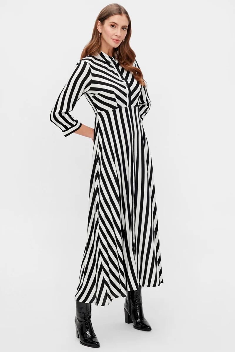 YAS - YasSavanna Long Shirt Dress - Black W. White Stripes