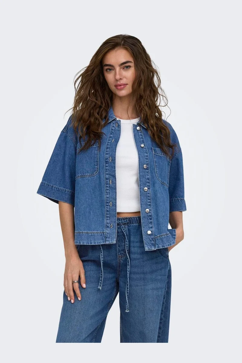 Only - Onlcleo Life Ss Shirt Pim - 5045119 Medium Blue Denim