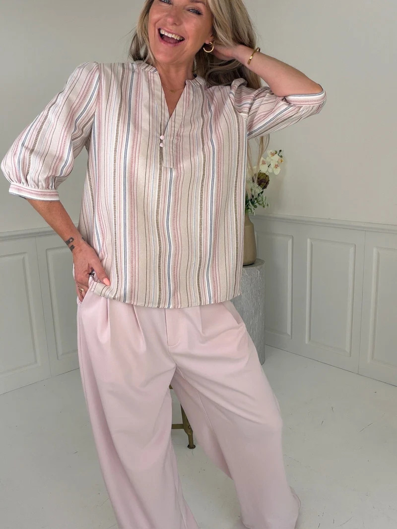 Dear Molly - Stripe Shirt - Beige, pink And Blue