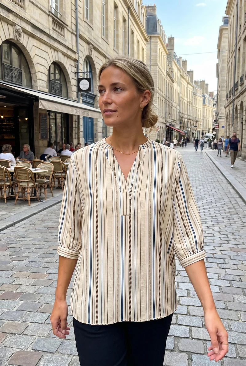 Dear Molly - Stripe Shirt - Beige, Blue And Brown