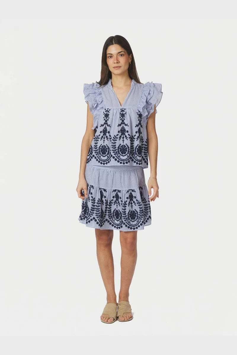 Neo Noir - Tarrow Stripe Embroidery Skirt 168998 - 140 - Blue
