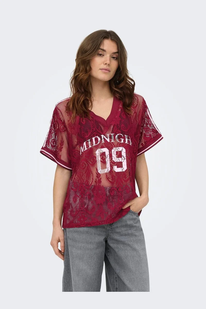 Only - Onljules S/S V-Neck Lace Top - 5130260 Tibetan Red Pale Lilac