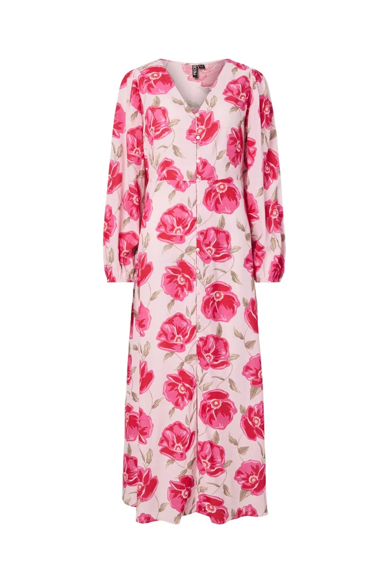 Pieces - Pcgaitlyn Ls Ankle Dress - 5051948 Pink-A-Boo Aop Flower + Dtm Button