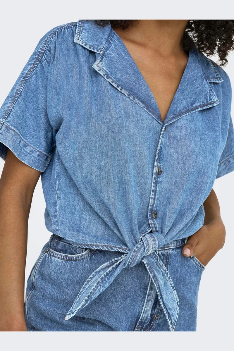 Only - Onlpaula S/S Tie Shirt Akm - 4869974 Medium Blue Denim