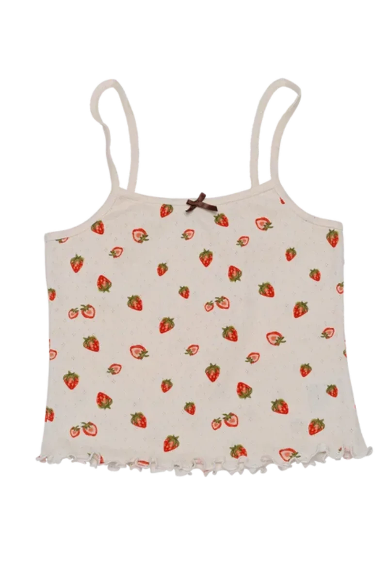 Maanesten - Fei Pointelle Top Strawberry Garden White - 4129