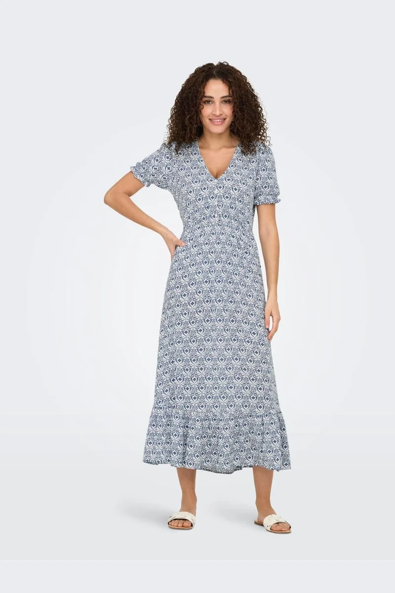 Only - Onlchianti S/S Long Dress - 4758861 Cloud Dancer Smith Blue Graphic