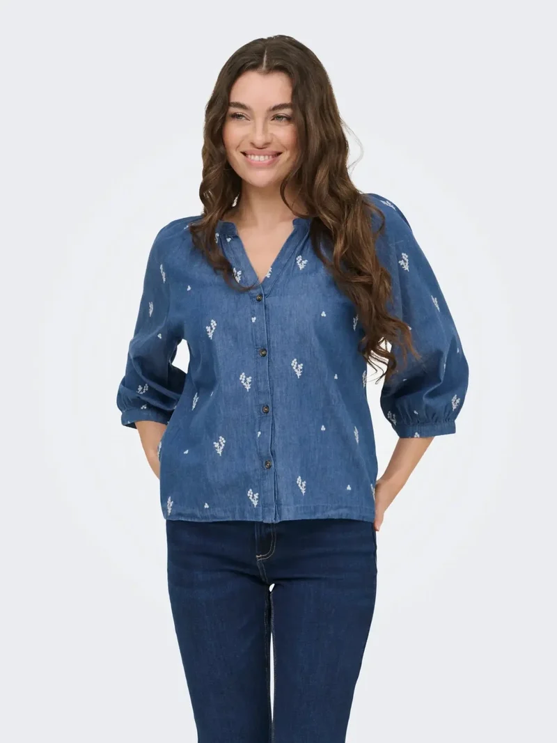 JDY - Jdykai 3/4 Shirt Dia - 5049505 Light Blue Denim Cloud Dancer Emb