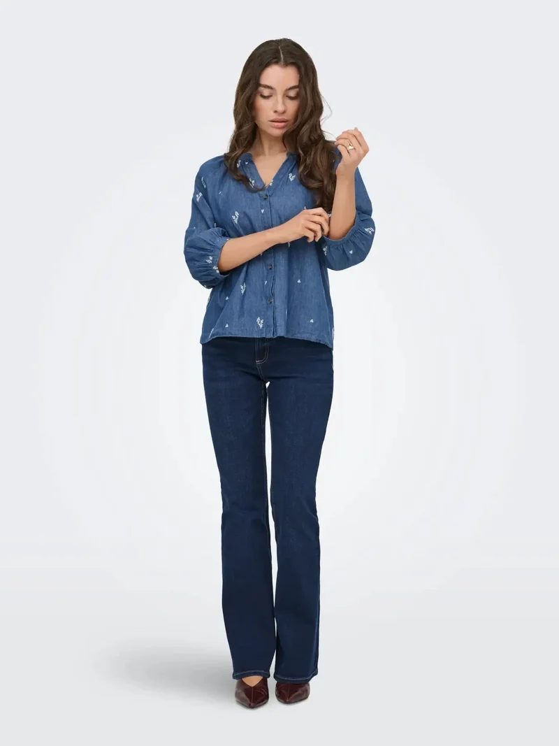 JDY - Jdykai 3/4 Shirt Dia - 5049505 Light Blue Denim Cloud Dancer Emb