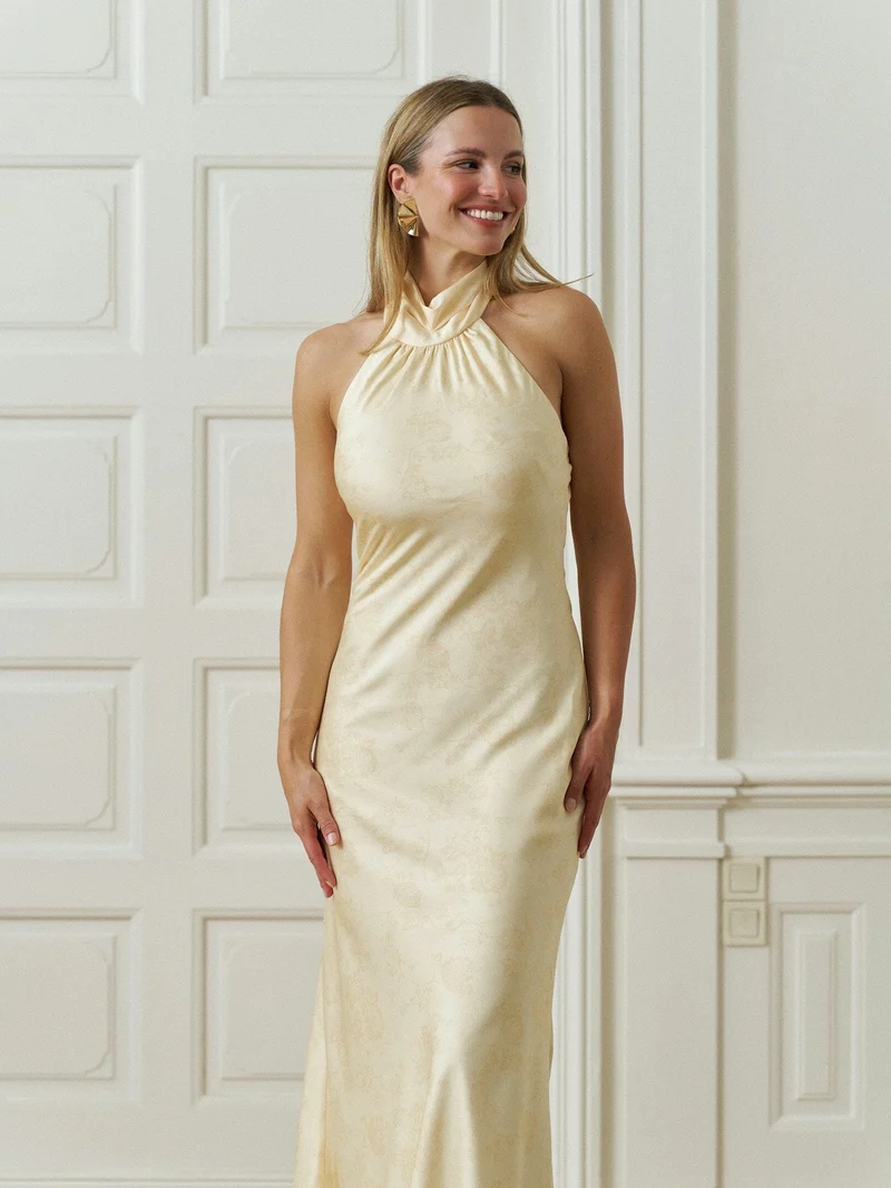 Neo Noir - Fiona Pattern Satin Dress 168367 - 191 - Light Yellow