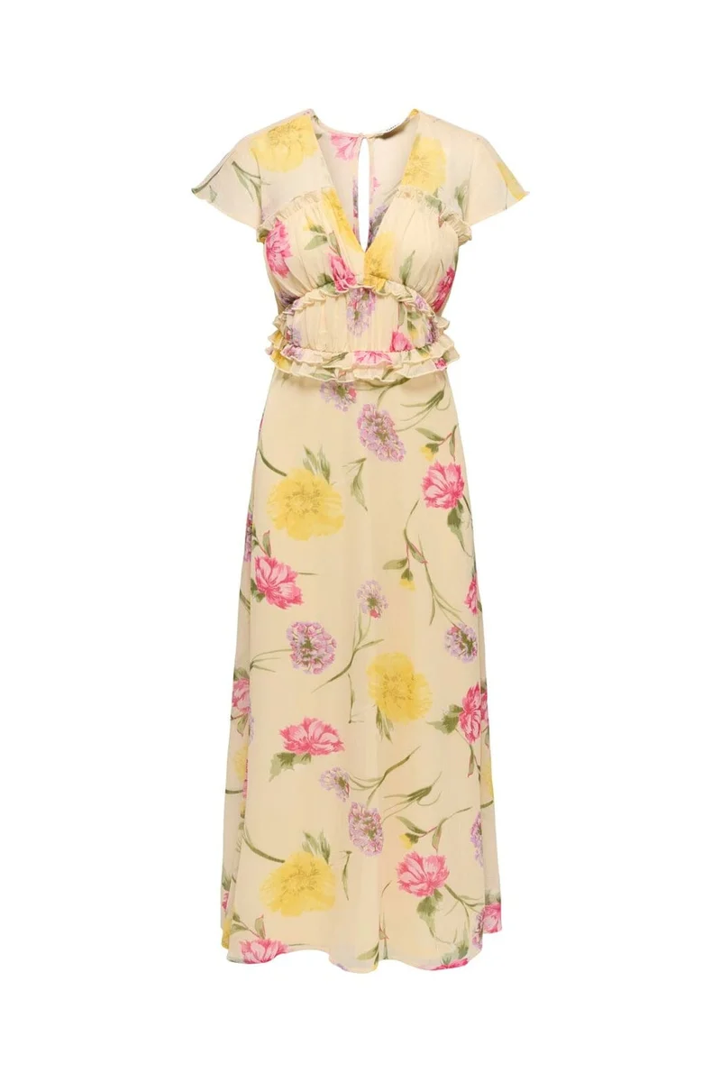 Only - Onlvalda S/S Long Frill Dress - 5092538 Sandshell Big Multi Flower