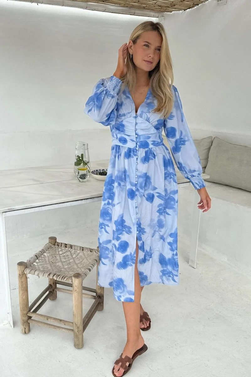 BYIC - Adelic Long Dress - abfp Abstract Blue Flower Print