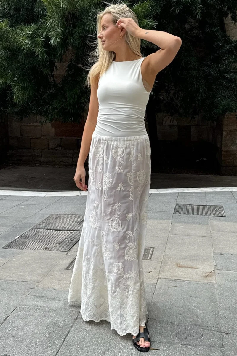 BYIC - Ellinoric Lace Maxi Skirt - vw Vintage White